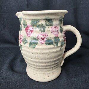 7.25" Signed Studio Pottery Pitcher With Roses Branches and Leaves Speckle Glaze